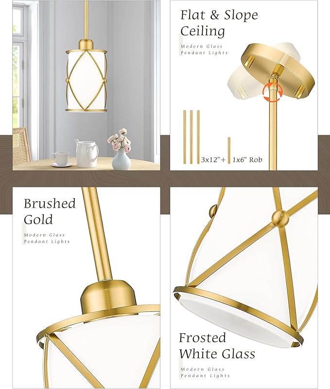 Brushed Gold Pendant Lights Kitchen Island 3 Pack, Milk Glass Kitchen Pendant Lighting Over Island with Rod, Modern Mini Hanging Light for Kitchen Sink Dining Room, CH9176BGW-3PK