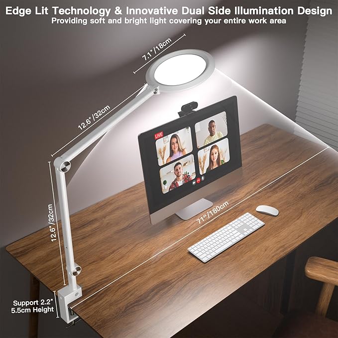 VERSKI LED Desk Lamp for Video Conferencing, Webcam Light, Reading Light, Dimmable 4 Color Modes, 18W Desk Light, Clip on Light, Eye Care Zoom Light, for Home Office and Office Use, White