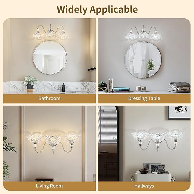 Brushed Nickel 3-Light Bathroom Vanity Light with Floral Clear Glass Shades, Brushed Nickel Wall Mount Lighting for Bathroom, Dressing Table