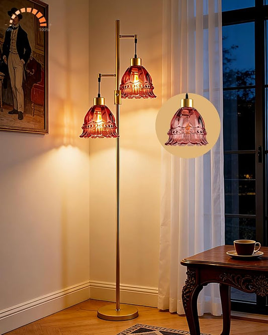 Gold Dimmable Floor Lamp for Living Room, 2-Light 65IN Tall Standing Lamps with Rose Red Glass Lampshade, 3000K Warmwhite Mid Century Modern Floor Lamp for Bedroom/Home Office/Corner
