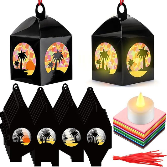 12 Sets Tropical Palm Tree Crafts with LED Candle Light DIY Hawaiian Summer Tissue Paper Craft Kits Hawaiian Luau Palm Tree Hanging Beach Jungle Embellishment for Home Decors Party