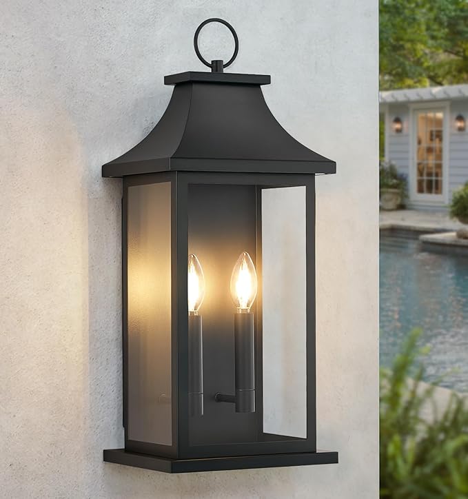 tewei 22'' Large Outdoor Wall Light, Porch Light Outdoor Wall Sconce Lantern, 2-Light Black Exterior Lighting Fixture Wall Mount, Outside Light for House Garage, 1-Pack