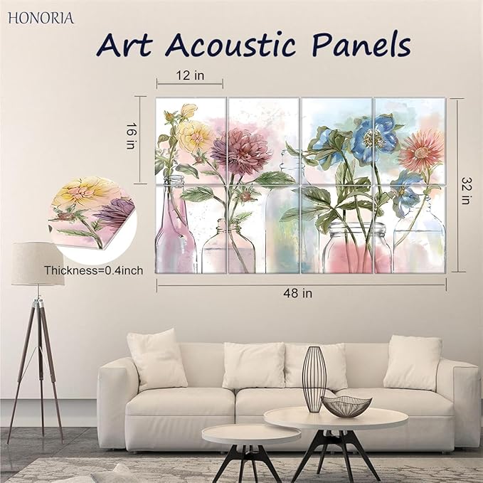 HONORIA 8 Pack Art Acoustic Panels 48X32Inches Sound Absorbing Panels,Self-adhesive Soundproof Wall Panels,Decorative Acoustical Wall Panels,Acoustic Treatment for Home Office&Recording Studio