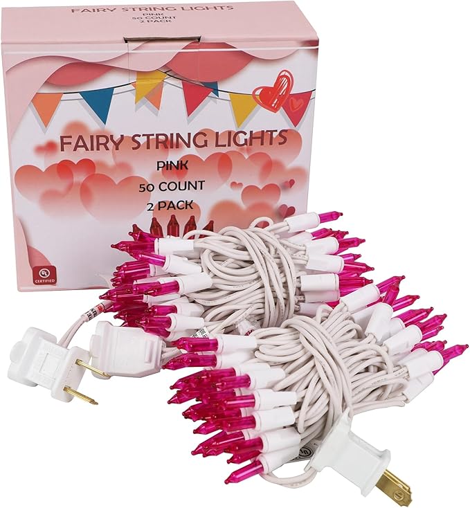 WATERGLIDE 2 Pack Valentine's String Lights, 50 Count 11.5FT White Wire Mini Incandescent Christmas Fairy Light, UL Certified for Patio Wreath Garland Garden Easter Holiday Outdoor Indoor Decor, Pink