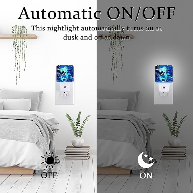 Summer Mermaid Fish Night Light, Plug-into Wall Blue Sea Marble Nightlight Lamp with Dusk to Dawn Sensor, Led Lamp 0.5W Energy Efficient for Boys Girls Adults Home Decor