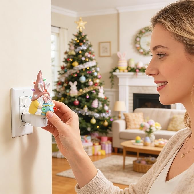 Bunny Campfire Flickering Nightlight, Rabbit Night Light Plug into Wall Easter Night Light with Switch (Easter Gnome Tree)