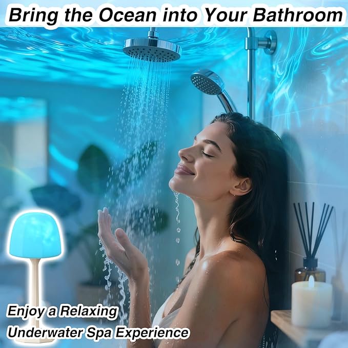 Shower Lamp Ocean Wave Projector Light - 2400mAh Battery Powered Water Ripple Projector Light Rechargeable Water Effect Shower Lights Waterproof for Bathroom Bedroom