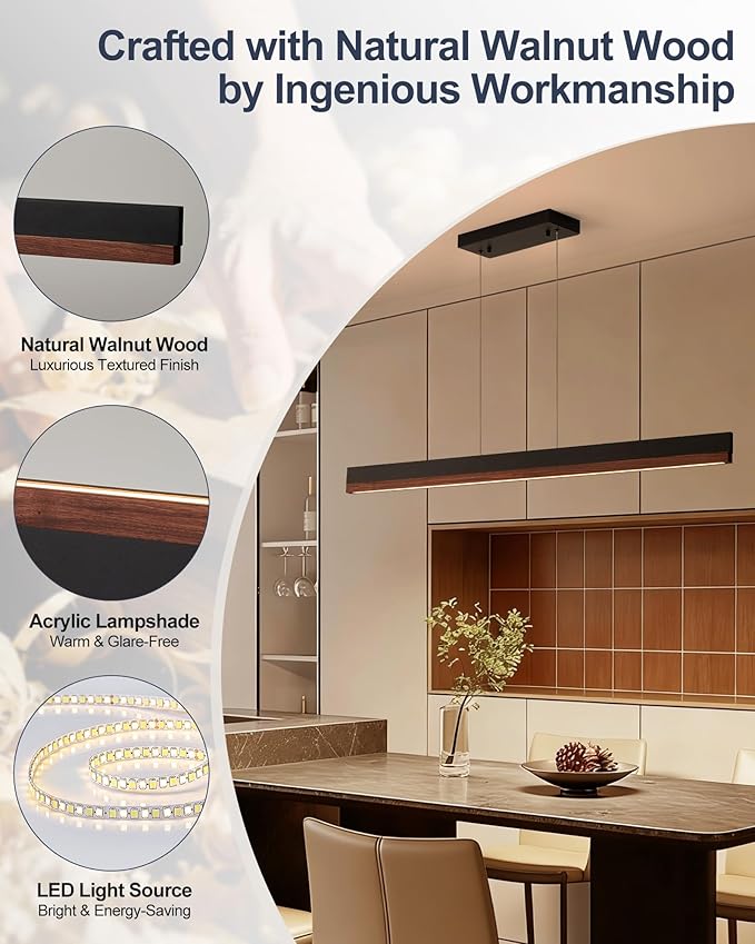 59" Wood Linear Pendant Light, Modern 24W LED Dimmable Linear Chandelier, Farmhouse Pendant Light with Remote, Wood Hanging Chandelier for Dining Room, Kitchen Island, Bar, Office-Walnut