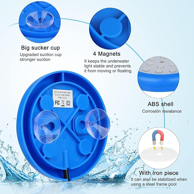 LED Pool Light 10W Smart RGB Magnetic Submersible Light with Remote Control Dimmable Underwater Changing Color Aboveground 12V Pool Light IP68 Waterproof 23ft Cord