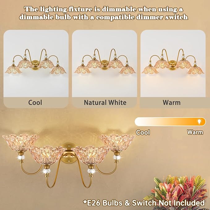 Vintage Bathroom Vanity Light, 4-Light Matte Brass Finish Vanity Light with Floral Amber Glass Shades, Retro Wall Mount Lighting for Bathroom, Dressing Table