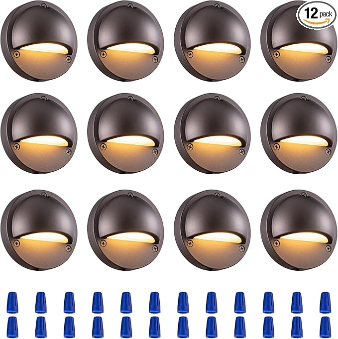 LED Low Voltage Deck Lights 3.74 Inch Landscape Lighting Fence Lights 2700K 180LM 12-24V AC/DC Aluminum Oil Rubbed Bronze Outdoor Step Light 2.5W IP65 with Wire Nuts 4FT Corded, 12 Pack