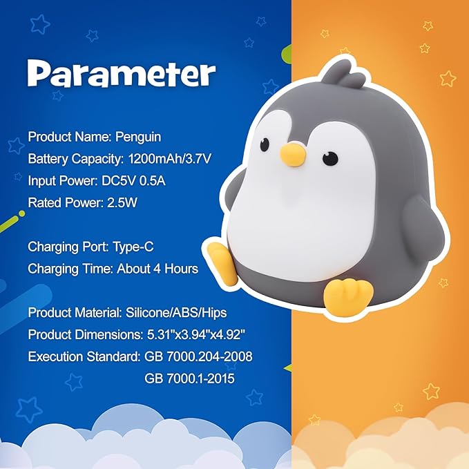 Squishy Penguin Night Light with RGB Mode Cute Chubby Penguin Light 3 Brightness Adjustable Nursery Breastfeeding Nightlight Rechargeable Silicone Touch Bedside Animal Lamp for Bedroom Dorm Decor