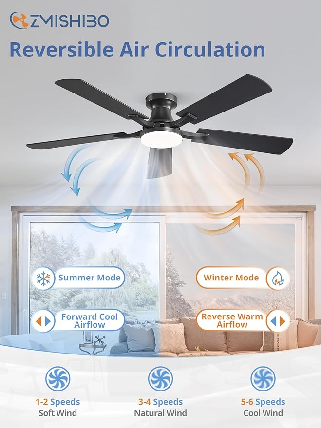 ZMISHIBO 52 Inch RGB Ceiling Fan with Light, App&Remote Control, Flush Mount Low Profile, Dimmable 20W LED Light, Quiet Reversible Motor for Bedroom, Living Room, Apartment, Black