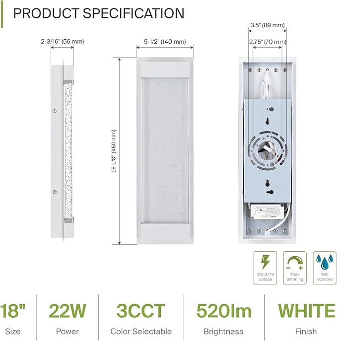 ASD LED 18" Bubble Glass Wall Light Fixture, Outdoor & Indoor Seeded Sconce | 3CCT, Waterproof, Dimmable, Up-Down Glow, ETL Listed | 22W 520LM 3000-5000K 100-277V | Porch Lighting | White, 2 Pack
