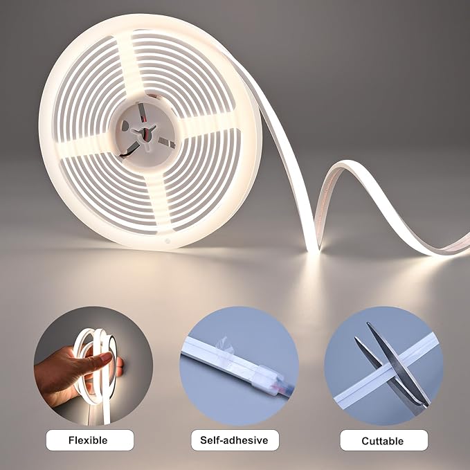 24V COB LED Strip Light 16.4ft 4000K Natural White, 230LM/ft, IP67 Waterproof Outdoor, High CRI>93, Self-Adhesive Highlight Architecture, Accent Bars & Gardens
