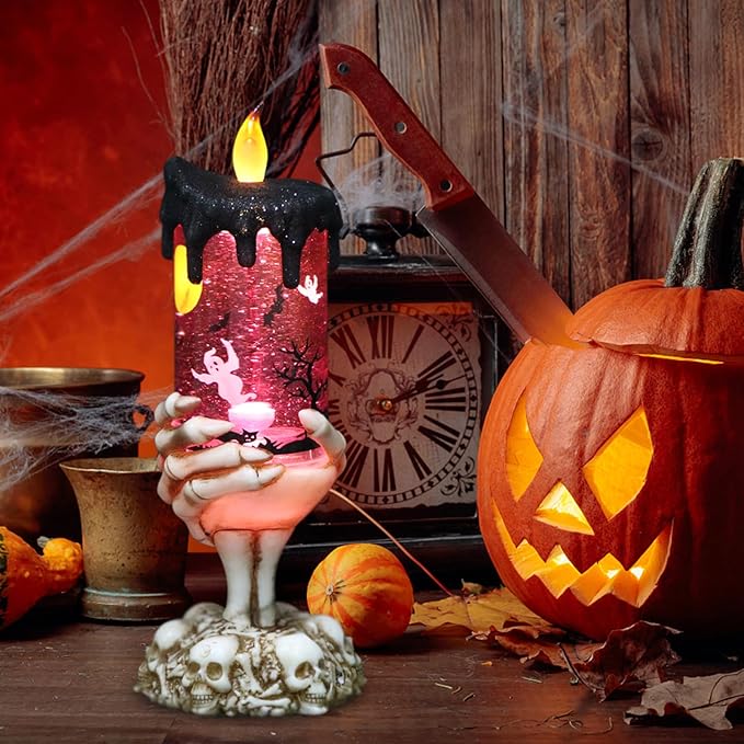 DRomance Halloween Snow Globe Flameless Candle with Timer, Battery Operated Tornado Lamp Skeleton Hand Candle Holder Purple Light Glittering Spinning Water Halloween Table Decor(Ghost, 4" x 10")
