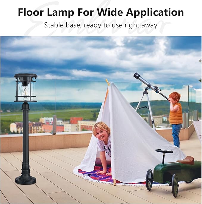 Emliviar Outdoor 28“ Solar Powered Floor Lamp for Patios, Portable Cordless Solar Pathway Light Outside with Water Ripple Glass, Black LED Post Lantern 2700K for Yard, Balcony, XE229PL-S SL BK