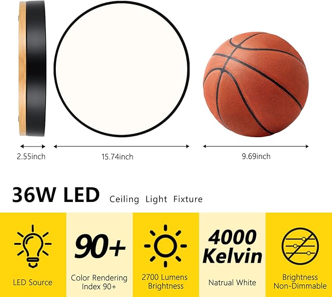 Modern Black Ceiling Light, Wood LED Close to Ceiling Lighting Fixtures, Round Flush Mount Ceiling Lamp for Kitchen Bedroom Bathroom Laundry Room Nursery Room Hallway（15.74 Inch）