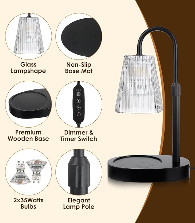 Candle Warmer Lamp - Electric Candle Lamps Warmer with Dimmer Adjustable Height Timer Lamp Candles Warmers Glass Vintage Nightstand Lamp Sets with 2 Bulbs（Grey）