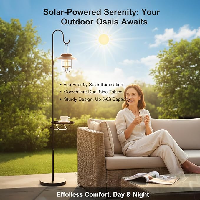 Kirschblüte Solar Floor Lamp with Table, 60" Outdoor Shepherd Hook with Solar Light Waterproof Metal Side Table for Patio, Heavy Duty Solar Pole Light for Garden, Deck, Porch and Backyard Decor