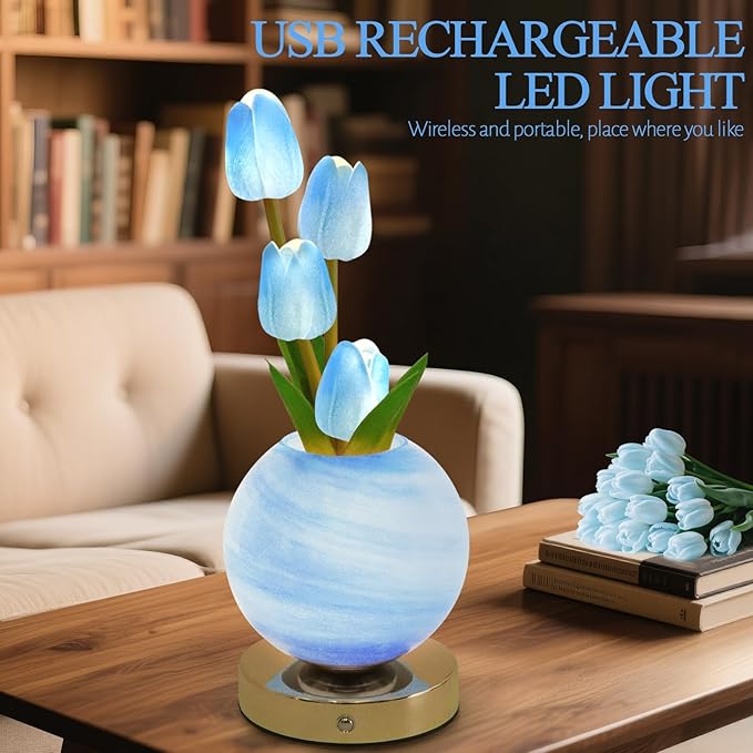 Tulip Table Lamp, Rechargeable Cordless Touch Dimming Artificial Tulip Flower Desk Lamp, LED Flower Bedside Night Light Romantic Gifts for Girl Women Mom (Blue)