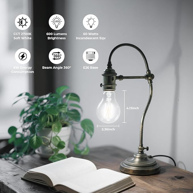 Dimmable E26 LED Bulb 6W, 60 watt Equivalent, A19 Clear Glass LED Light Bulb 5000K Daylight, Vintage LED Edison Bulbs for Ceiling Fan, 90+CRI, 600LM, 6 Pack