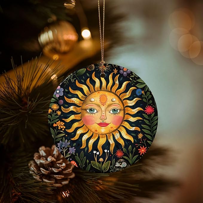 Sun Mushroom Flower Christmas Ornaments, Christmas Decorations Xmas Tree Hanging Ornaments, Round Ceramic Festive Keepsake Gift for Xmas Decorations Holiday Home Decor