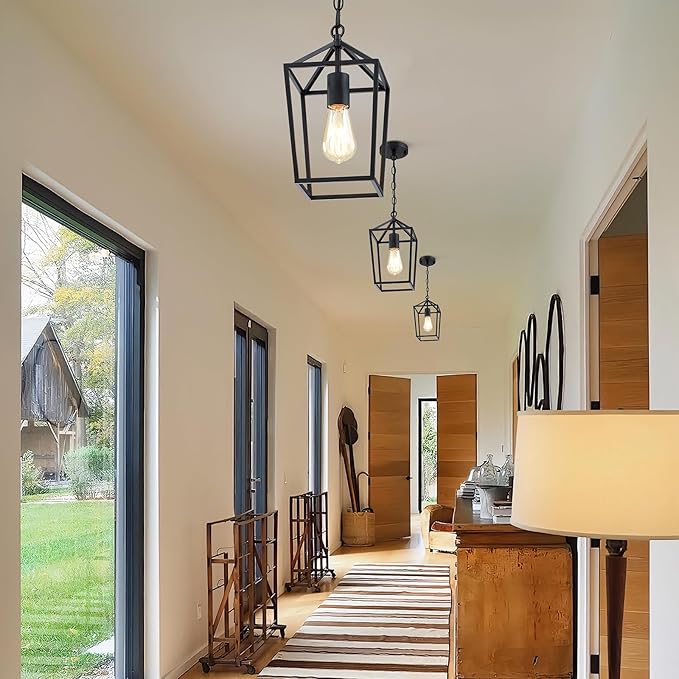 2-Pack Farmhouse Pendant Lights Kitchen Island, Black Pendant Light Fixtures Hanging Lamp for Dining Room, Modern Kitchen Pendant Lighting Over Island, Metal Cage Design