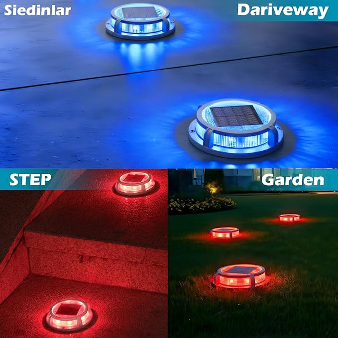 SIEDiNLAR Solar Deck Lights Outdoor 2 Modes 16 LEDs Driveway Markers Dock Light Solar Powered Waterproof for Ground Step Stair Pathway Walkway Garden Yard Road 4 Pack (Blue/Red)