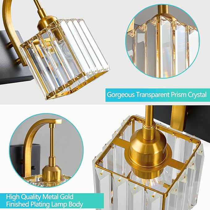Crystal Vanity Lights 6-Light Black Gold Bathroom Vanity Lights Modern Crystal Bathroom Light Fixtures Over Mirror 51.18" Long Vanity Light for Bathroom