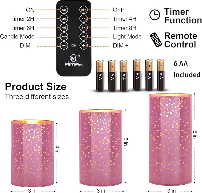 Pink Flameless LED Candles with Remote – Mercury Glass, Real Wax, Warm White Flicker, 500+ Hrs, Easter & Spring Decor for Women, Valentine's Day. Batteries Included