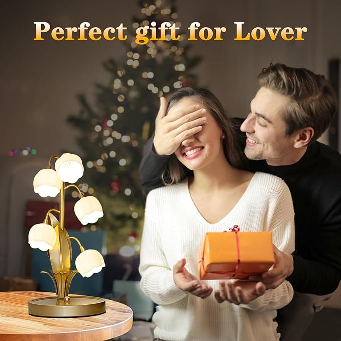 Flower Table Lamp, Lily of The Valley Lamp for Bedside Accent 3 Color Modes Cottagecore Soft Reading Night Light for Bedroom, Corner, Dorm, Entrance Home Vintage Decor (Gold)