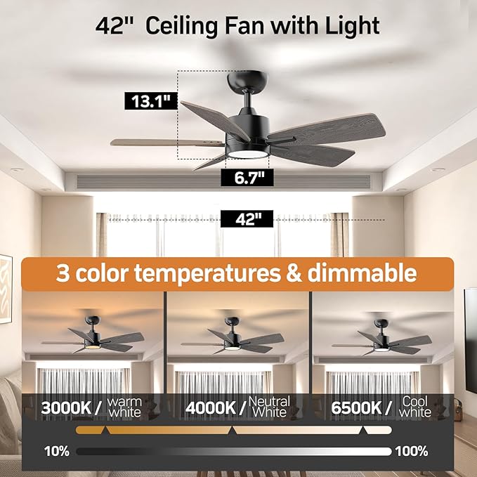TALOYA 42 Inch Ceiling Fans with Lights Led Remote Control Low Profile Flush Mount for Bedroom Home Outdoor Patio Living Room,3 Color Temperatures,Dimmable,DC Motor,Reversible,5 Blades,Black Walnut