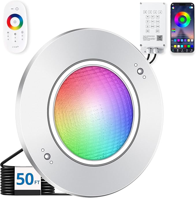Pool Lights for Inground Pools, 10" LED RGBW Color‑Changing Pool Lights, IP68 Waterproof, AC 120V, 50 ft Cord, Controller, App & Remote Control, Fits 10" Pool Niche