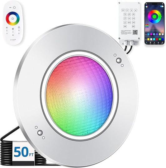Pool Lights for Inground Pools, 10" LED RGBW Color‑Changing Pool Lights, IP68 Waterproof, AC 120V, 50 ft Cord, Controller, App & Remote Control, Fits 10" Pool Niche