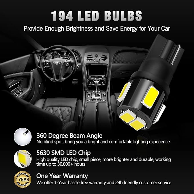 194 LED Bulbs 6000K Xenon White Extremely Bright 5630 Chipsets T10 168 2825 175 W5W LED Replacement Bulbs for Car Interior Dome Map Door Courtesy License Plate Lights (Pack of 10)