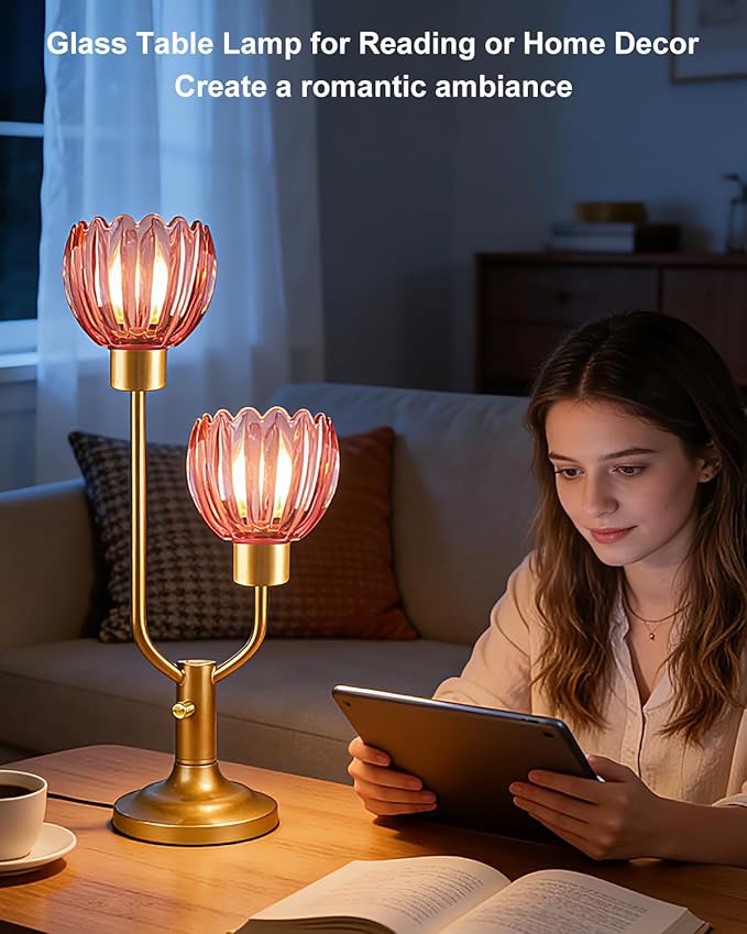 Lightdot Mid Century Modern Glass Table Lamp Gold Dimmable U-Shaped Desk Lamps with Deep Red Glass Shade& 2Pcs 3000K Warmwhite Bulbs Included Bedside Nightstand Lamp for Living Room Bedroom