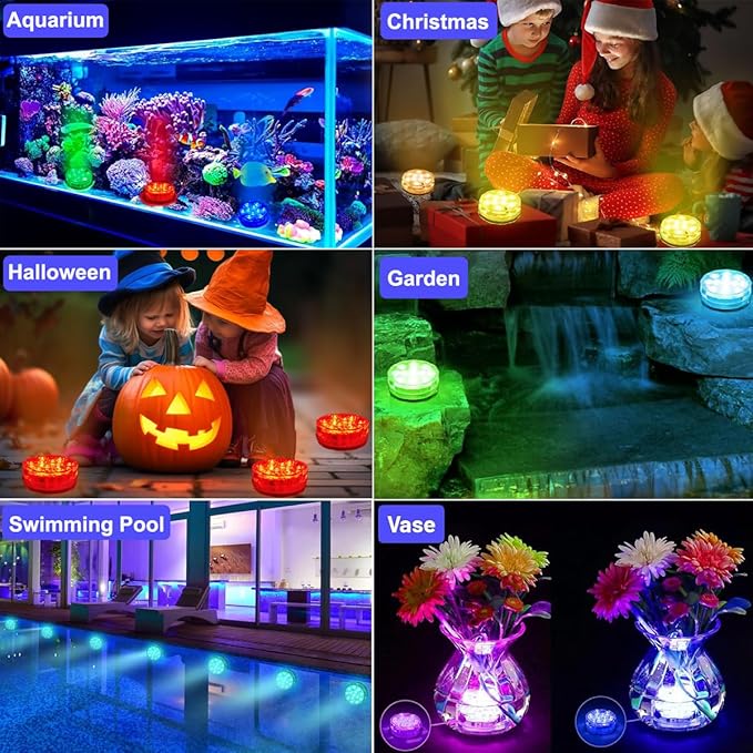 4Pack Submersible led Lights Waterproof Pool Lights Underwater with 16 Colors and Remote Control for Aquarium,Vase, Bath,Hot Tub, Halloween, Christmas,Swimming Pool and Party Decoration