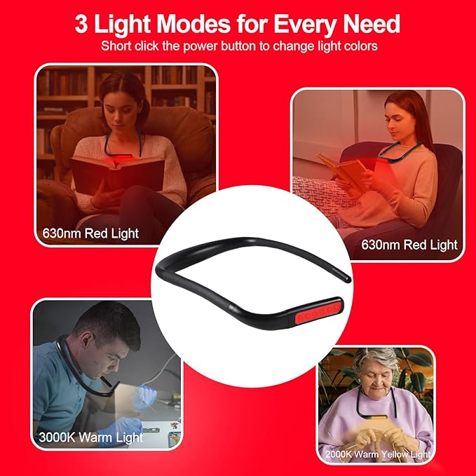 630nm Red Neck Reading Light - Zero Blue Light, Rechargeable Dimmable Portable LED Red Neck Book Lamp for Reading, Crafts, Knitting, Crochet at Night, Ideal Gift for Readers and Craft Lovers