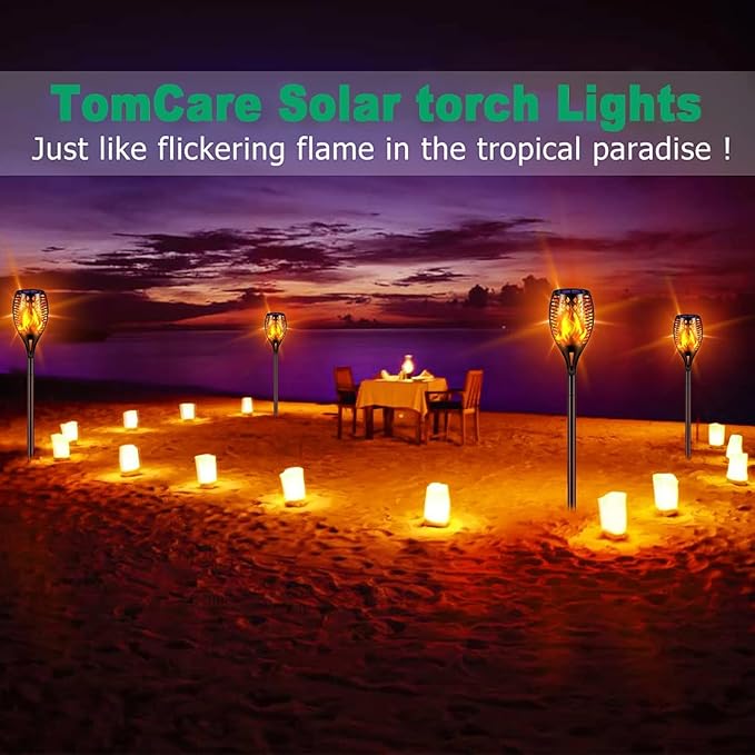 TomCare Solar Lights, 43" Waterproof Flickering Flames 96 LED Torches Outdoor Landscape Decoration Lighting Auto On/Off Pathway Lights for Garden Patio Yard, Black(2)