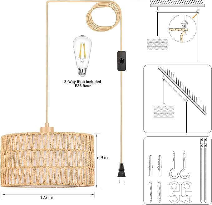 Plug in Pendant Light Rattan Hanging Lamp, Boho Hanging Lights with Paper Woven & Fabric 2 in 1 Shade, 3-Way Dimmable Bulb Included, Ceiling Light Fixture for Living Room,Bedroom,Farmhouse