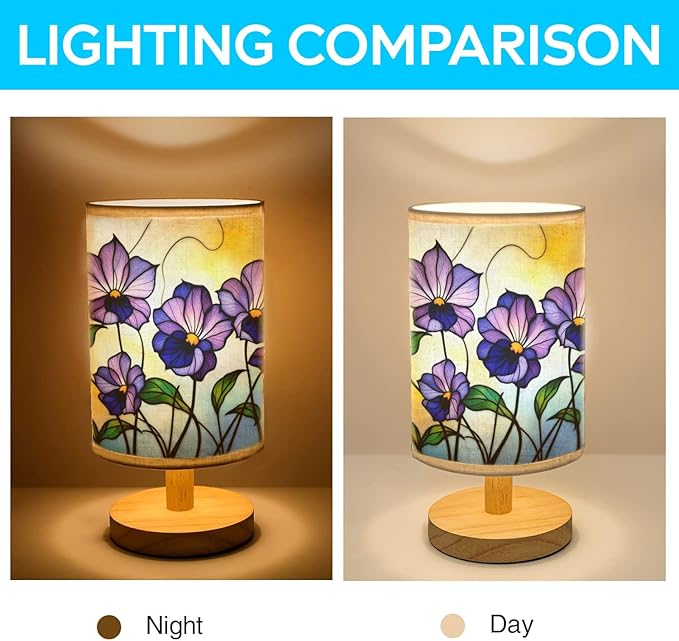Violet Table Lamp LED 3-Color Pressed Bedside, Violet Shade Lamp with Wood Base for Bedroom Living Room Desk Office TL01