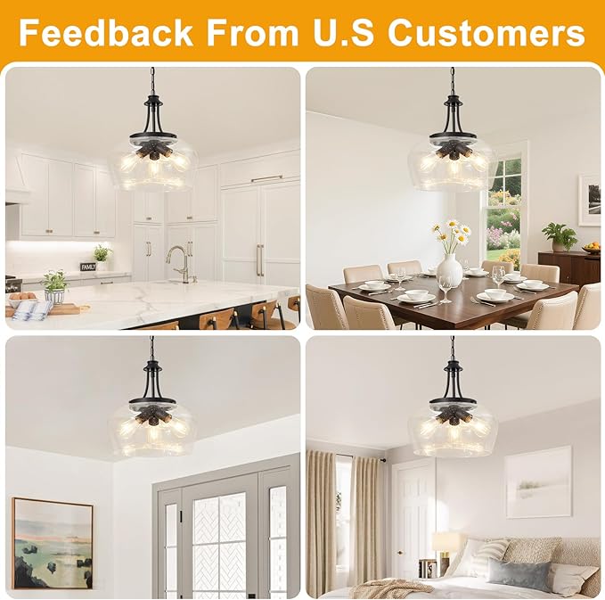 Modern Pendant Lights Kitchen Island, 3-Light Black Pendant Light Fixtures with 14.2" Clear Air Bubble Glass Shade, Industrial Hanging Pendant Lights Fixture for Kitchen Island, Dining Room, Entryway