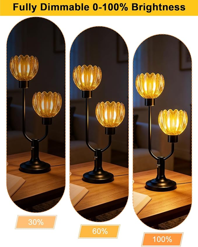 Lightdot Mid Century Modern Glass Table Lamp Black Dimmable U-Shaped Desk Lamps with Brown Lotus Glass Shade& 2Pcs 3000K Warmwhite Bulbs Included Bedside Nightstand Lamp for Living Room Bedroom