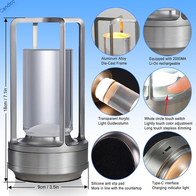 Cordless Table Lamp Rechargeable Portable Metal Touch Small Desk Lamp,Indoor/Outdoor Battery Operated LED Night Light,3Color Stepless Dimming Crystal Lantern,for bedrooms,Bars,cafes,Camping,Silver