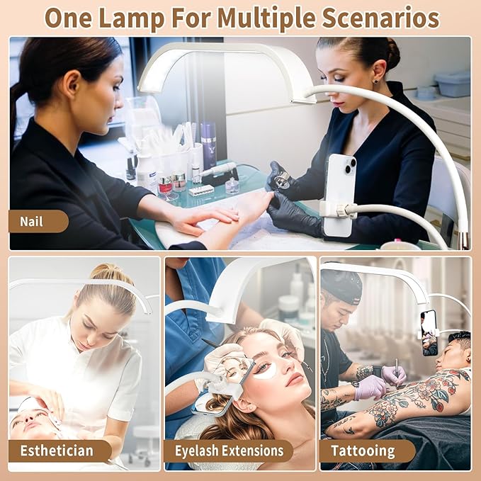 HITTI Estheticians Light, Flexible Gooseneck Lash Light for Eyelash Tech, LED Half Moon Light with Phone Holder, Stepless Dimming and 7 Color Modes Floor Lash Lamp for Tattoo Artists Nail Craft Beauty
