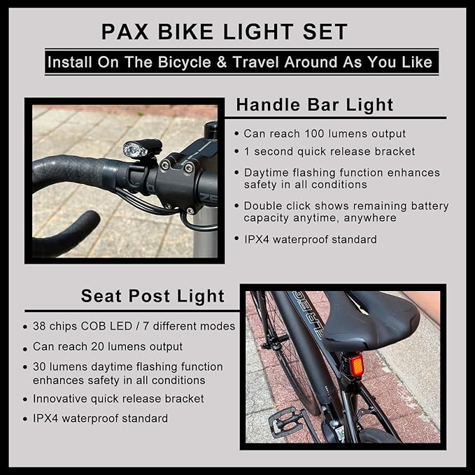 PAX Rechargeable USB Safety Bike Light Set, Bicycle Front Light and Rear, IPX4 Waterproof Standard, Multi Light Mode, Lightweight for Mountain or Road Bike