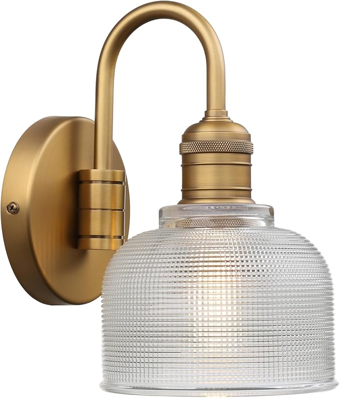 Yosoan Brass Gold Vintage Wall Sconce with Striped Shade, 1-Light Modern Vanity Light Industrial Single Wall Mounted Hardwired Bowl Texture Glass Shade for Living Room Bedroom Kitchen Hallway(Antique)