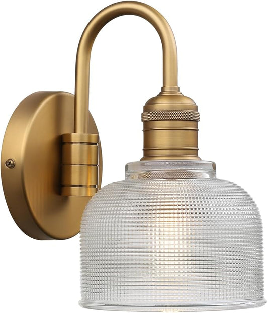 Yosoan Brass Gold Vintage Wall Sconce with Striped Shade, 1-Light Modern Vanity Light Industrial Single Wall Mounted Hardwired Bowl Texture Glass Shade for Living Room Bedroom Kitchen Hallway(Antique)