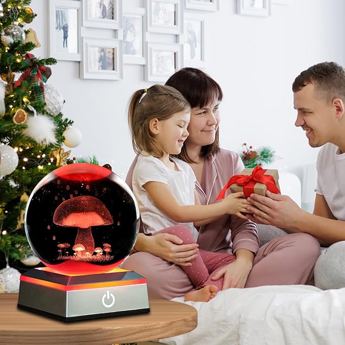 3D Mushroom Crystal Ball Night Light 3.15 inch Glass Ball Table Lamp with Color Changing Touch Base Mushroom Decor Ideal Gifts for Friends Kids Christmas Birthday